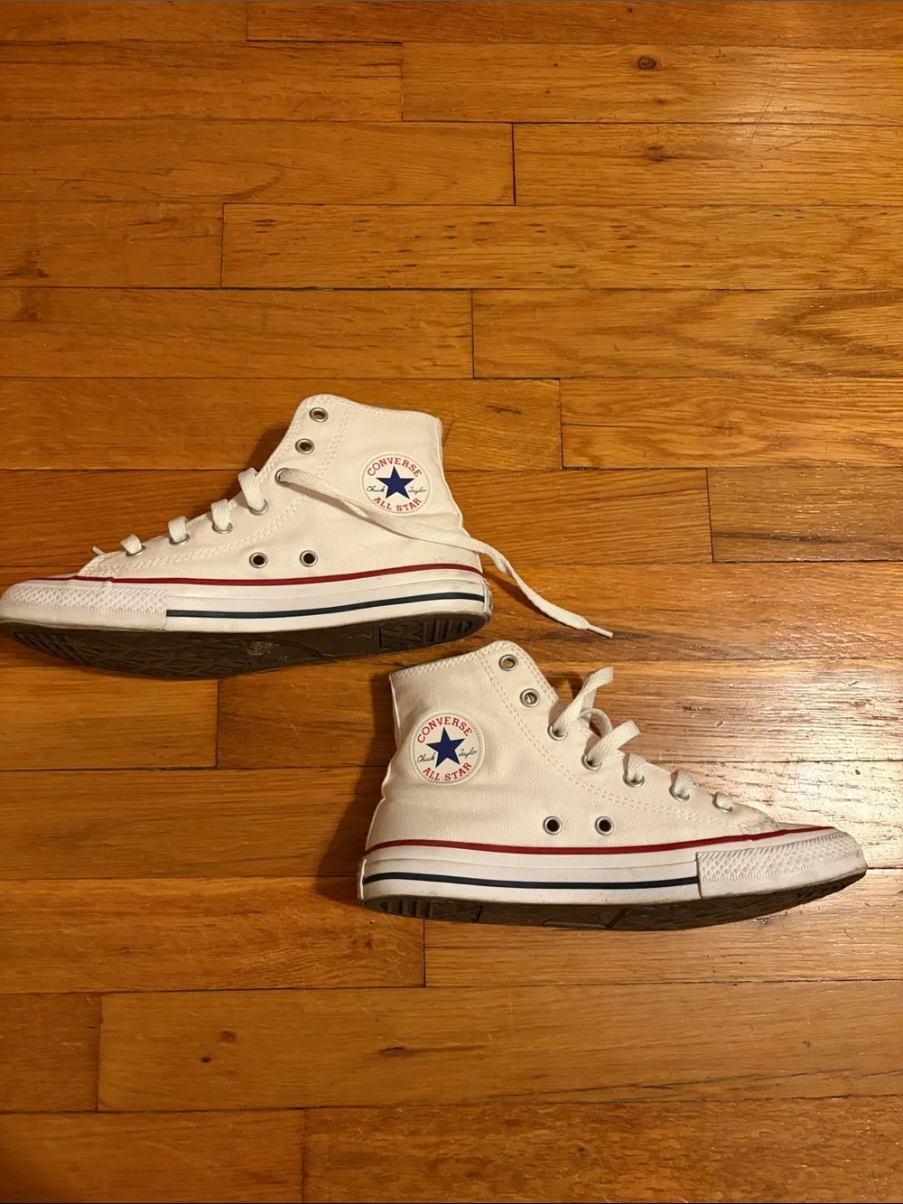 Kids White High-Top Canvas Sneakers with Red & Blue Stripe